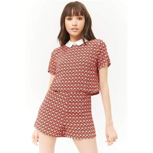 Women’s Rayon Geometric Preppy Romper  Orange Black White Small - Picture 2 of 7